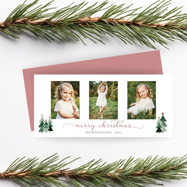 Weihnachtsbäume Feiertag 3 Foto (Pink Script Christmas Trees Holiday 3 Photo Card)