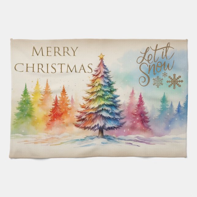 Weihnachtsbäume frohe Weihnachten lassen Schnee Geschirrtuch (Horizontal)