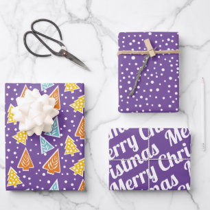 Weihnachtsbäume "Frohe Weihnachten" lila Geschenkpapier Set