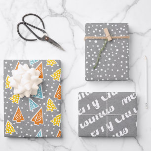 Weihnachtsbäume "Frohe Weihnachten" Schnee grau ru Geschenkpapier Set
