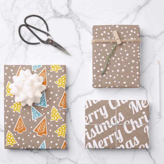 Weihnachtsbäume "Frohe Weihnachten" Schnee rustika Geschenkpapier Set (Vorderseite)