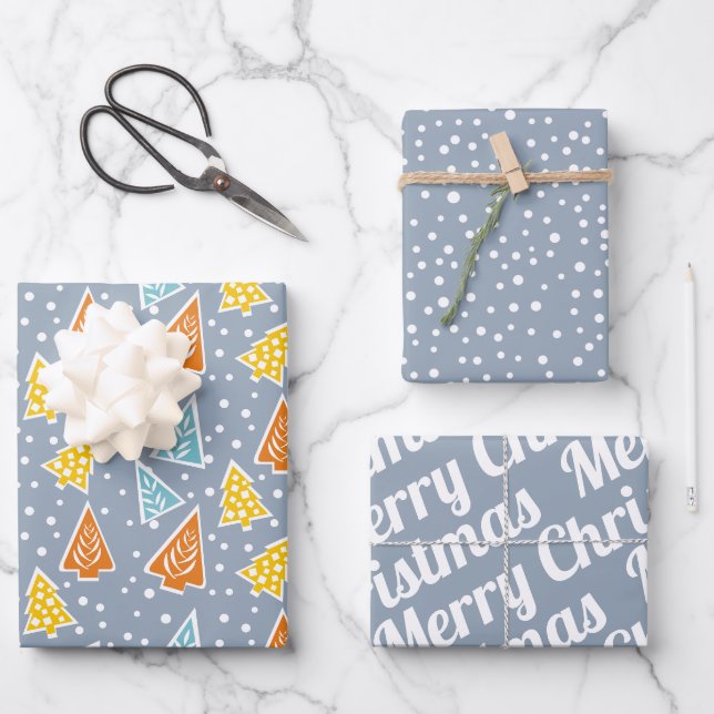 Weihnachtsbäume, "Frohe Weihnachten", staubblau Geschenkpapier Set (Vorderseite)