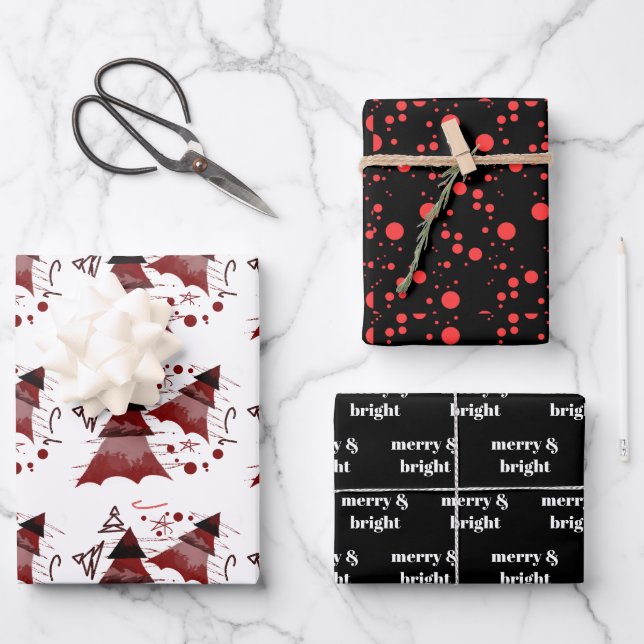 Weihnachtsbäume fröhlich und hell Polka Dots Geschenkpapier Set (Vorderseite)