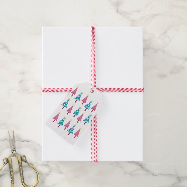 Weihnachtsbäume Geschenketiketten Rosa & Blau Geschenkanhänger (Mit Garn)