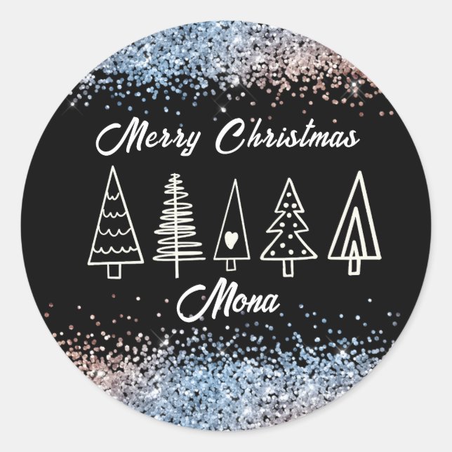 Weihnachtsbäume Glitzer individuelle Name Runder Aufkleber (Vorderseite)