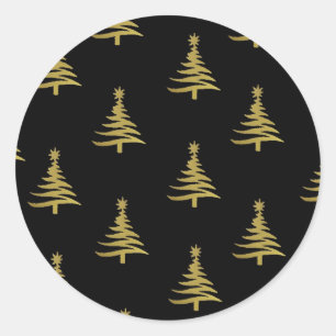 Weihnachtsbäume Gold auf Schwarz Runder Aufkleber