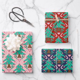 Weihnachtsbäume, Herz und cremefarbenes Rosa Geschenkpapier Set