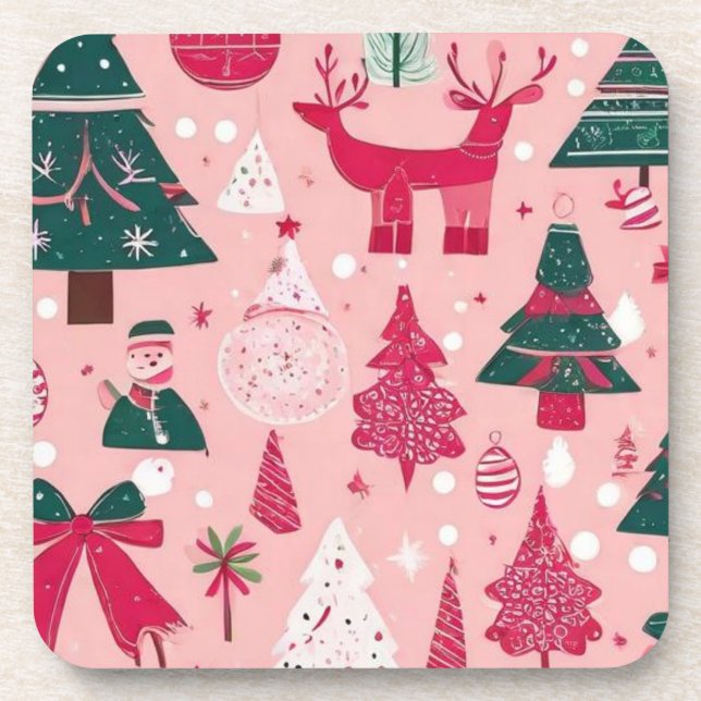 Weihnachtsbäume Hirsche Schneeflocken Rosa Kissen Getränkeuntersetzer (Vorderseite)