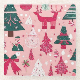 Weihnachtsbäume Hirsche Schneeflocken Rosa Kissen Glasuntersetzer