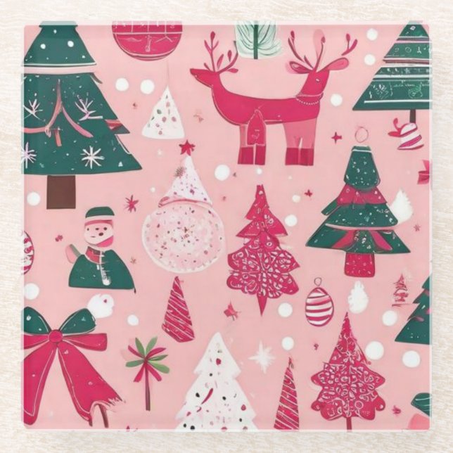Weihnachtsbäume Hirsche Schneeflocken Rosa Kissen Glasuntersetzer (Vorderseite)