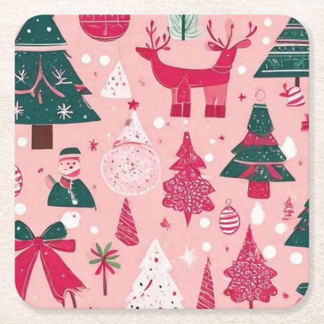 Weihnachtsbäume Hirsche Schneeflocken Rosa Kissen Rechteckiger Pappuntersetzer (Vorderseite)