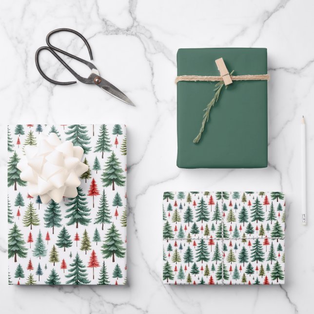 Weihnachtsbäume in Aquarellen auf Weiß Geschenkpapier Set (Vorderseite)