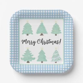 Weihnachtsbäume in Aquarellen mit blauem Karierten Pappteller