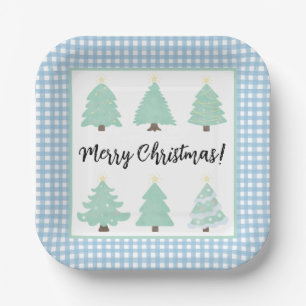 Weihnachtsbäume in Aquarellen mit blauem Karierten Pappteller