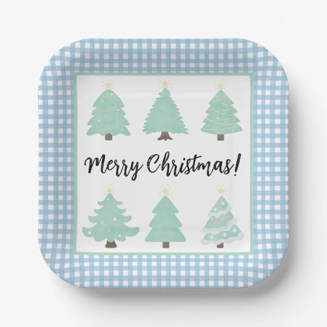 Weihnachtsbäume in Aquarellen mit blauem Karierten Pappteller (Vorderseite)