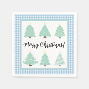 Weihnachtsbäume in Aquarellen mit blauen Karierten Serviette