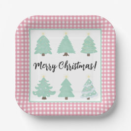Weihnachtsbäume in Aquarellen mit rosa Kariertem P Pappteller