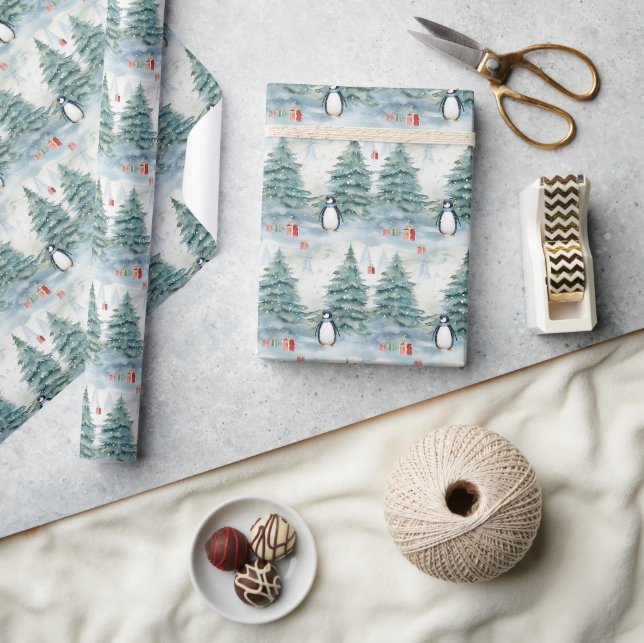 Weihnachtsbäume in Aquarellen und Geschenke Geschenkpapier (Basteln)