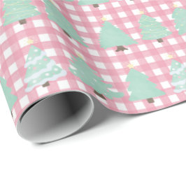 Weihnachtsbäume in Aquarellfarben mit rosa Kariert Geschenkpapier
