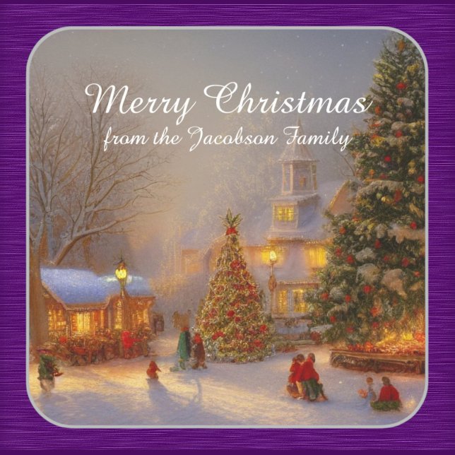 Weihnachtsbäume in malerischer Dorflandschaft Quadratischer Aufkleber (Von Creator hochgeladen)