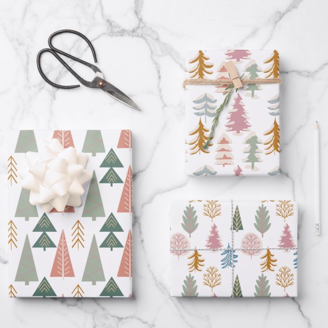 Weihnachtsbäume in Rosa, Grün und Orange Geschenkpapier Set (Vorderseite)