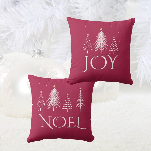 Weihnachtsbäume JOY WEIHNACHTEN Kissen (Festive Red and White Christmas Trees JOY NOEL Throw Pillow)