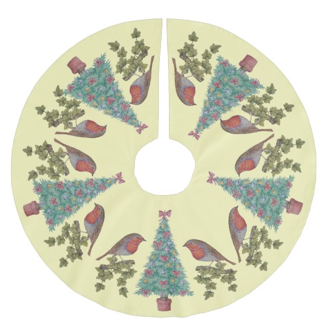 Weihnachtsbäume mit Efeu und Robinen Polyester Weihnachtsbaumdecke (Vorderseite)