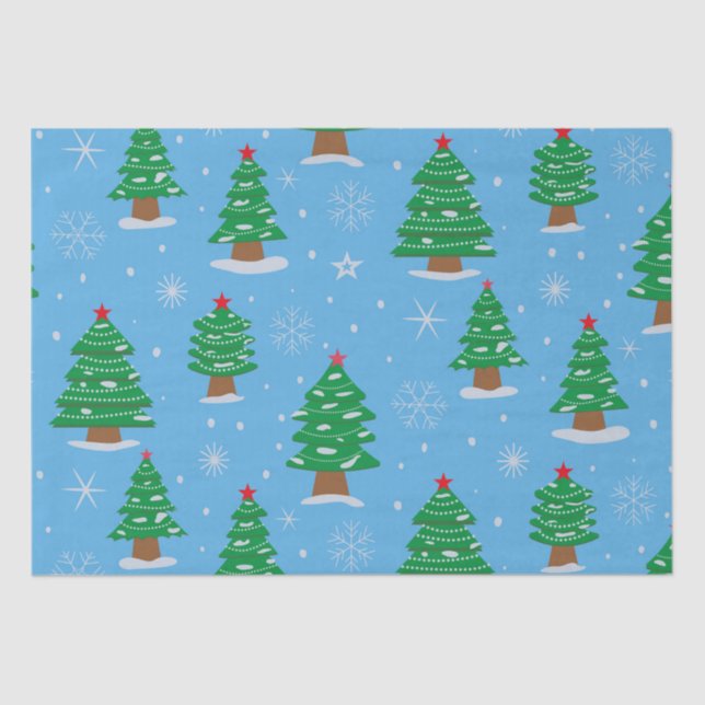 Weihnachtsbäume mit fallendem Schnee auf blau Seidenpapier (Vorderseite)