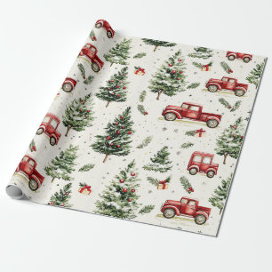 Weihnachtsbäume mit roten Lastwagen Geschenkpapier