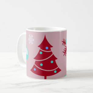 Weihnachtsbäume Ornamente und Schneeflocken Rot Kaffeetasse