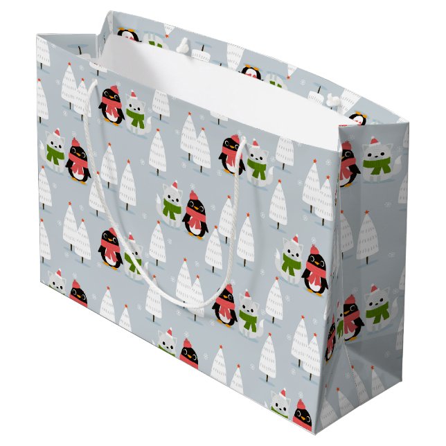 Weihnachtsbäume, Pinguine und Katzen Große Geschenktüte (Rückseite Schrägansicht)