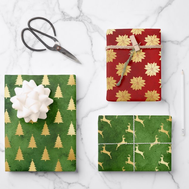 Weihnachtsbäume, Poinsettias und Rentiere Geschenkpapier Set (Vorderseite)