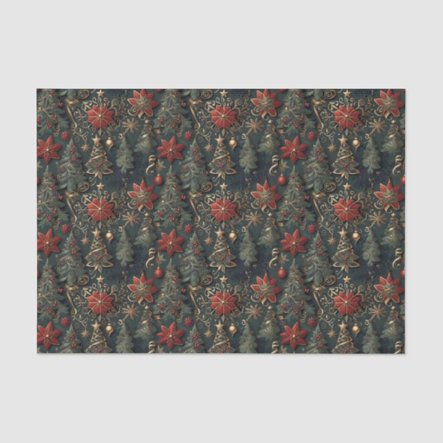 Weihnachtsbäume, Poinsettien, Schneeflocken, Stern Seidenpapier (Vorderseite)