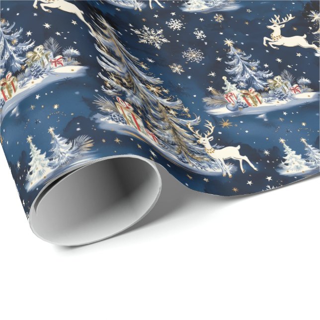 Weihnachtsbäume, Rentiere und Schneeflocken Geschenkpapier (Rolleneckpunkt)
