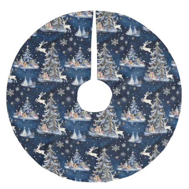 Weihnachtsbäume, Rentiere und Schneeflocken Polyester Weihnachtsbaumdecke (Vorderseite)