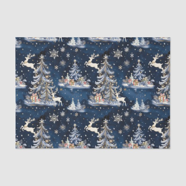 Weihnachtsbäume, Rentiere und Schneeflocken Seidenpapier (Vorderseite)