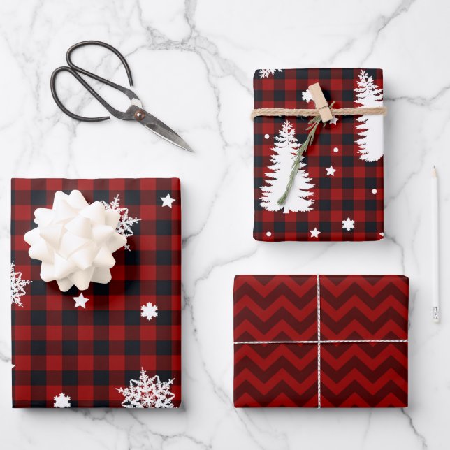 Weihnachtsbäume Rot Schwarz Kariert Zickzack Geschenkpapier Set (Vorderseite)