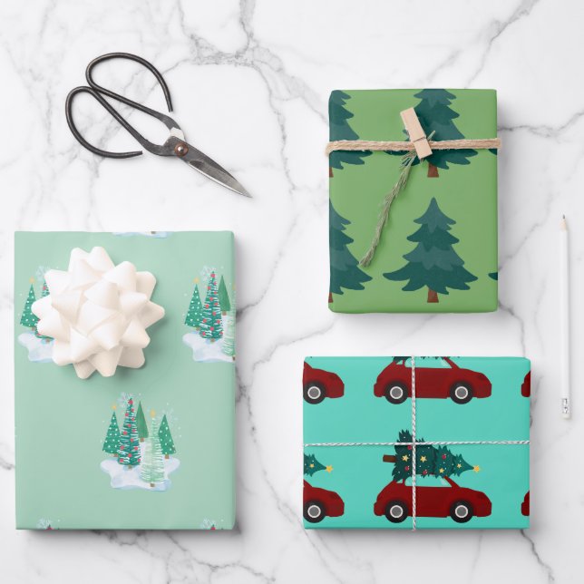 Weihnachtsbäume Rote Autos Muster Bäume Wasserfarb Geschenkpapier Set (Vorderseite)