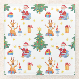 Weihnachtsbäume, Santa: Aquarellmuster. Glasuntersetzer