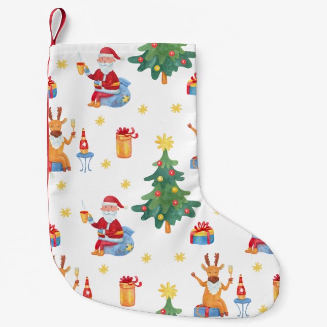 Weihnachtsbäume, Santa: Aquarellmuster. Kleiner Weihnachtsstrumpf (Vorderseite)