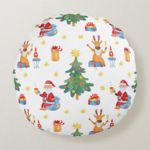 Weihnachtsbäume, Santa: Aquarellmuster. Rundes Kissen