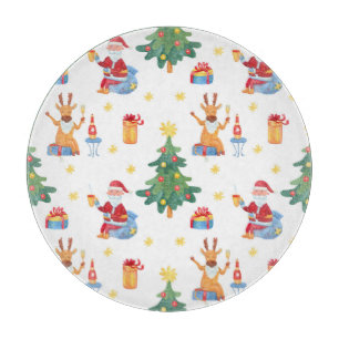 Weihnachtsbäume, Santa: Aquarellmuster. Schneidebrett