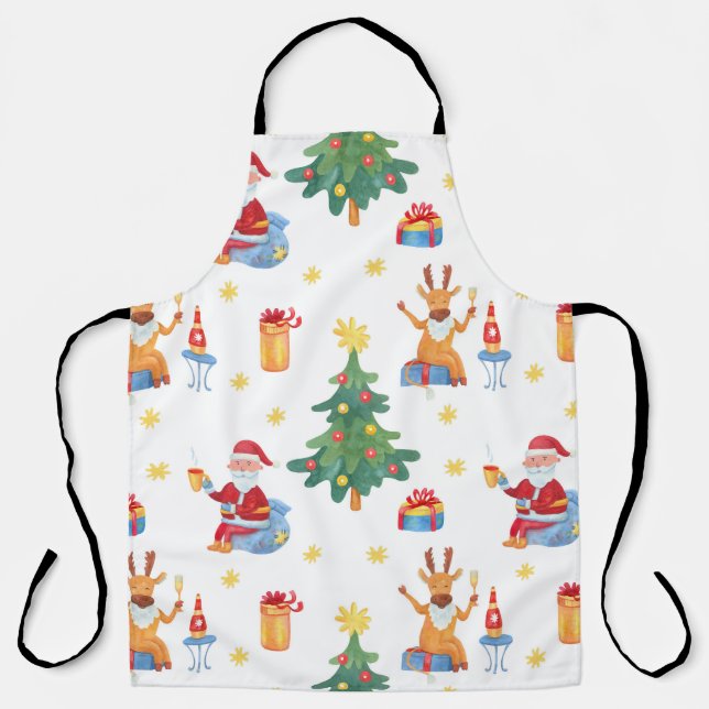 Weihnachtsbäume, Santa: Aquarellmuster. Schürze (Vorderseite)