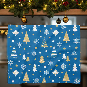 Weihnachtsbäume Schneeflocken Blau Geschirrtuch
