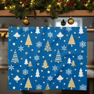 Weihnachtsbäume & Schneeflocken Muster Blau Geschirrtuch
