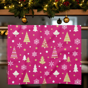 Weihnachtsbäume Schneeflocken Muster Rosa Geschirrtuch