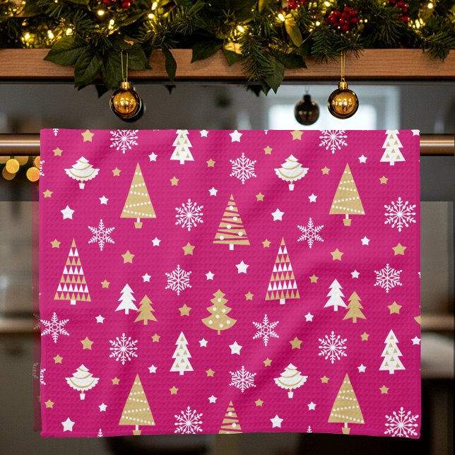 Weihnachtsbäume Schneeflocken Muster Rosa Geschirrtuch (Von Creator hochgeladen)