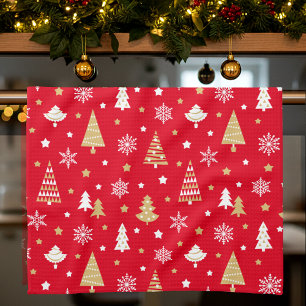 Weihnachtsbäume & Schneeflocken Muster Rot Geschirrtuch