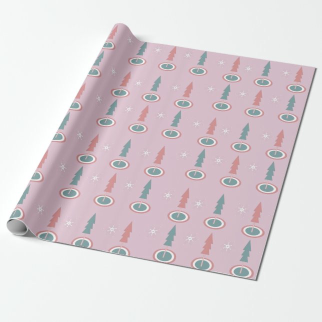 Weihnachtsbäume Schneeflocken Rosa Grün Geschenkpapier (Ungerollt)
