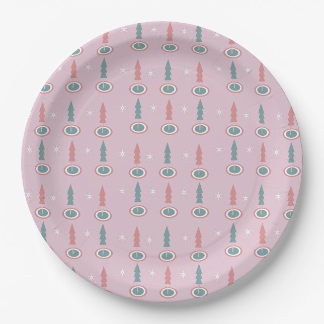 Weihnachtsbäume Schneeflocken Rosa Grün Pappteller (Vorderseite)